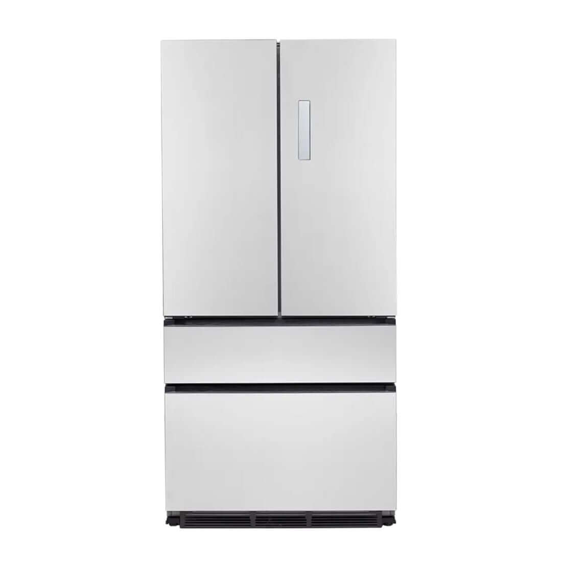Refrigerador Evol French Door 521 Litros Inox 91cm em aço inox, portas duplas superiores e duas gavetas inferiores